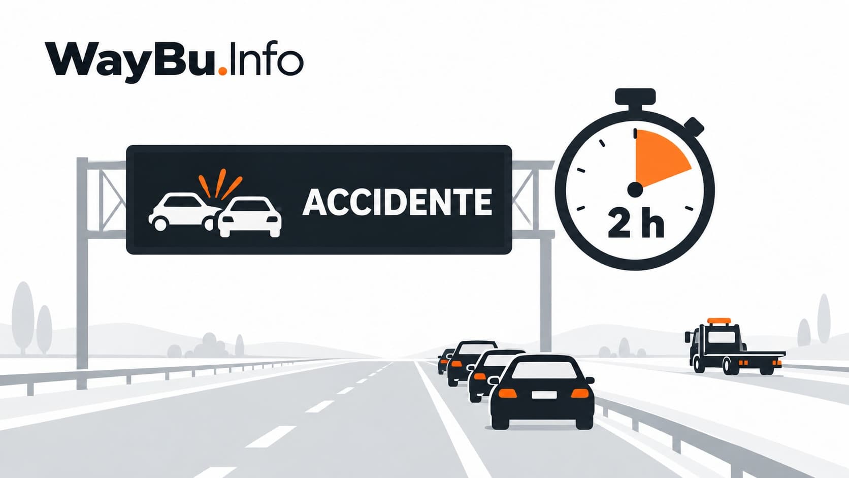 Ilustración de WayBu.Info sobre la duración de los avisos de accidentes en autopistas españolas, con un panel de «ACCIDENTE», un cronómetro que marca 2 horas y una pequeña retención de vehículos.